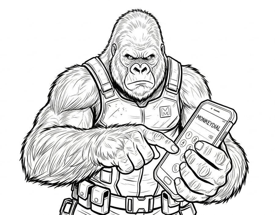 A gorilla in a tactical vest holding a phone showing the MonkeyDial dial pad